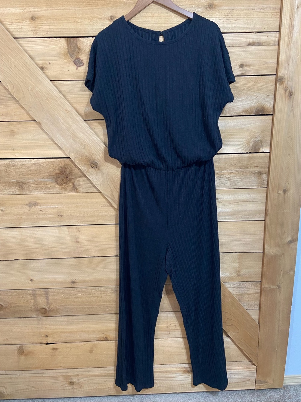 Relaxed Black Ribbed Short-Sleeve Jumpsuit
